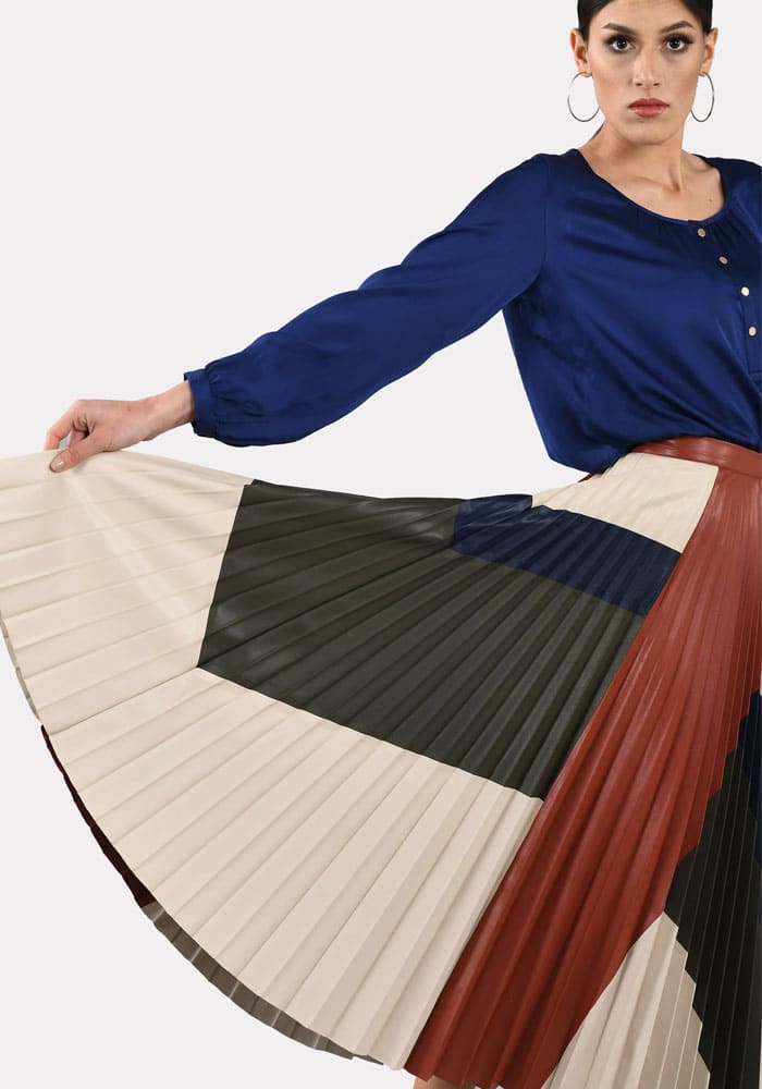 Famatex - Marinière en satin & jupe plissée patchwork